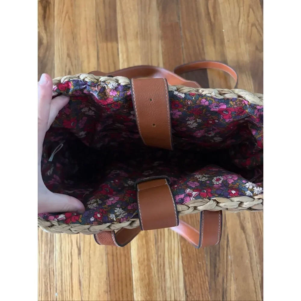 Natural Life Water Hyacinth Straw Backpack Floral Lining Beach Picnic Tote